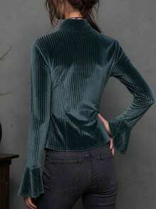 Women's Autumn Velvet Striped Slim Fit Blazer, V-Neck Lace Trim Long Sleeve Jacket With Gold Buttons - Teal Blue - View 5