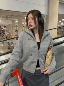 Cardigan Rajut Bergaris dengan Detail Saku, Kerah, Lengan Panjang, Kancing Depan, Potongan Reguler, Cardigan Sweater Musim Gugur Abu-abu, Atasan Kasual Elegan untuk Berlapis - Grey - View 2