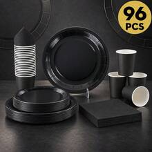Black Disposable Plates And Napkins, Party Supplies For 24 Guests, Suitable For Birthday, Wedding, Party And Family Picnic,Christmas - Black - View 1