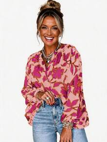Acelitt Floral Print Batwing Sleeve Loose Fit Button-Up Shirt, Pink Casual Vacation Spring - Multicolor - View 1