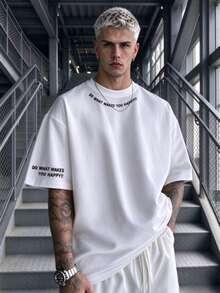 Men's Minimalist Printed Crew Neck Casual Loose Short Sleeve T-Shirt, Suitable For Summer Wear, Comfortable & Breathable, Leading Fashion - White - View 4