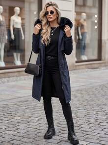 Women's Long Parka Jacket With Faux Fur Hood, Drawstring Waist, Zip And Snap Closure - Navy Blue - View 2