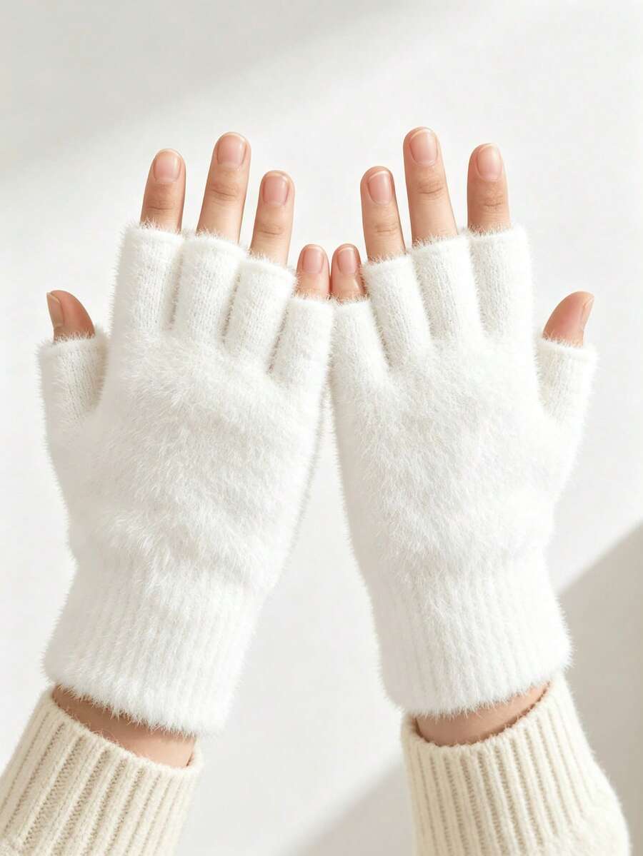 3pcs Set Casual Cute Party Polyester Jacquard Fuzzy Soft Knit Half-Finger Gloves For Outdoor, Casual, College, Spring/Autumn Study, Winter - White - View 1