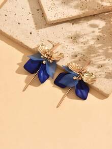 1pair Vintage Style Blue Petals And Leaves Pendant Long Earrings For Women Suitable For Party And Festival - Royal Blue - View 2