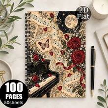 1PC 2D Flat Horizontal Line Notebook [Music Art] 1 Piano Theme Spiral Notebook Diary, 50 Sheets 100 Pages, Suitable For School And Office Supplies, Perfect Gift For Friends And Colleagues, Spiral Notebook Diary _ Art Cover Design _ Durable Cover Horizontal Line Notebook Record Book, Pen Not Included - One Book (50 Pages, 100 Pages) - View 3