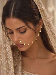 1pc Vintage Water Drop Tassel Ear-To-Nose Chain, Bohemian Non-Pierced Nose Chain, Exotic Wedding Party Face Accessory - Rhinestones - View 1