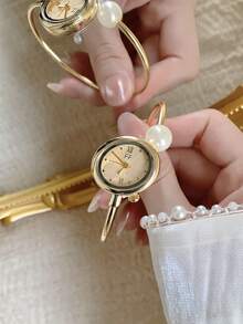 1件女款金色石英手錶，橢圓形金色錶盤配珠飾手鍊錶帶（混合刻度），適合日常佩戴 - 金色 - 查看 2