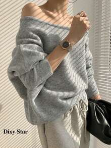 Women's Mohair Sweater Off-Shoulder Straight Neckline Asymmetrical Top Loose Slouchy - Grey - View 10