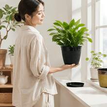 1 Set Bohemian Style Striped Plastic Flower Pot With Tray, Dark Green, Suitable For Indoor/Outdoor Balcony, Ideal For Planting Flowers, Herbs, Cacti And Decor, With Drainage System Design - B - View 5