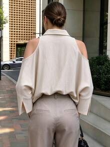 Women's Loose Striped Batwing Sleeve Vintage Casual Elegant Blouse, Suitable For Daily, Outing, Vacation Wear In Spring And Autumn - Apricot - View 5