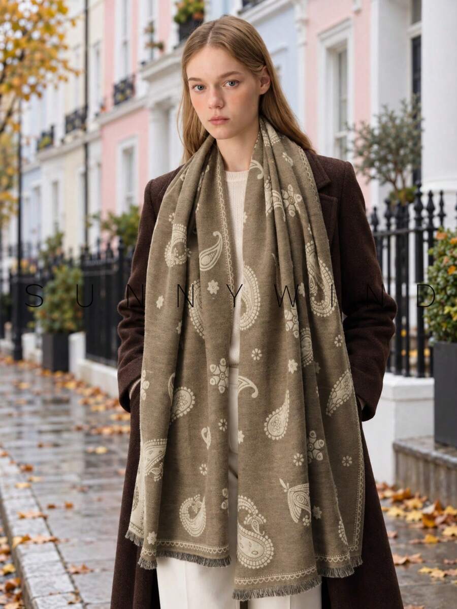 1pc Women's Paisley Pattern Elegant Elegant Soft Polyester Scarf For Autumn/Winter Daily Use - Khaki - View 1