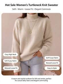 大尺碼女款柔軟毛絨高領套頭毛衣，寬鬆針織上衣，修身顯瘦，適合日常與通勤穿著 - 米色 - 查看 2