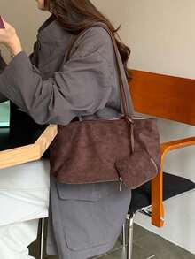 極簡大容量麂皮天鵝絨女款手提包，秋冬新款復古通勤單肩包、托特包、腋下包 - 咖啡 - 查看 1