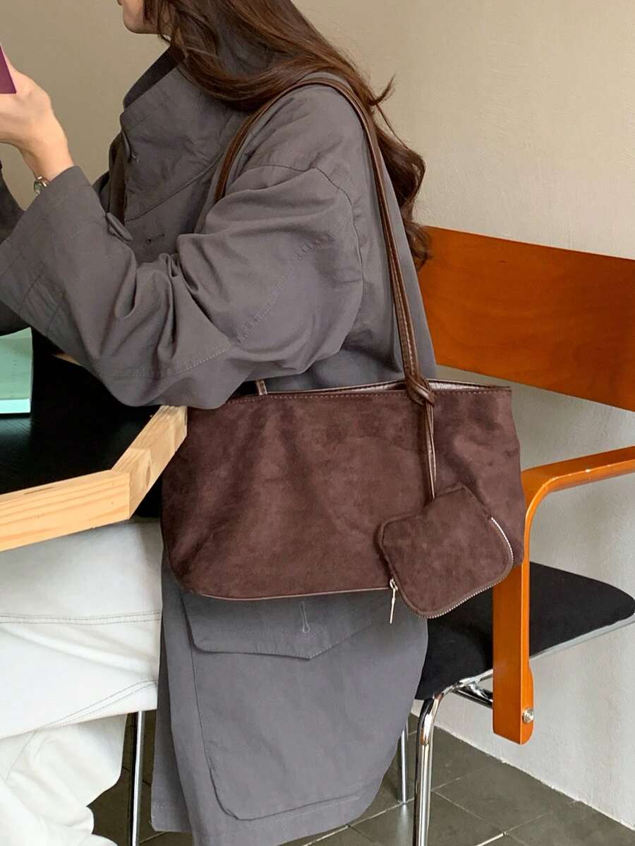 極簡大容量麂皮天鵝絨女款手提包,秋冬新款復古通勤單肩包、托特包、腋下包 - 咖啡 - 查看 1