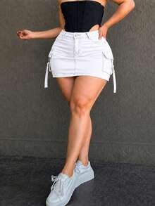 Plus Size Denim Cargo Mini Skirt, High Waist Slim Fit Denim Skirt With Functional Pockets, Y2K Street Style Summer Casual - White - View 3