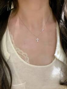 1pc Niche Creative Super Shiny Double Cross Necklace, Suitable For Women's Daily And Party Wear - Silver - View 3