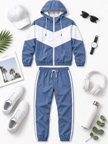 Men's Autumn Colorblock 2 Pieces Sports Set, Hooded Zip-Up Jacket + Side Stripe Jogger Pants, Casual Streetwear Daily Outfit - Blue - View 10