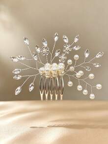 1pc Bridal Elegant Rhinestone & Pearl Hair Comb, Handmade Twisted Wire Leaf Metal Hair Comb, Banquet Wedding Updo Hair Accessory - Multicolor - View 2
