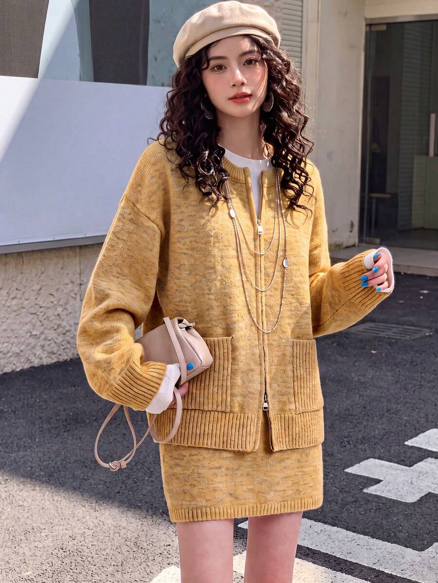 Women's New Autumn/Winter Minimalist Zip-Up Cardigan Sweater And Skirt 2 Pieces Set - Ginger - View 1