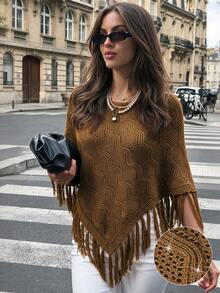 Autumn Brown Fringe Knit Poncho Cape For Women Wave Hollow Pattern Asymmetric Wrap Fall Clothes Elegant Casual Going Out Outfits - Brown - View 1