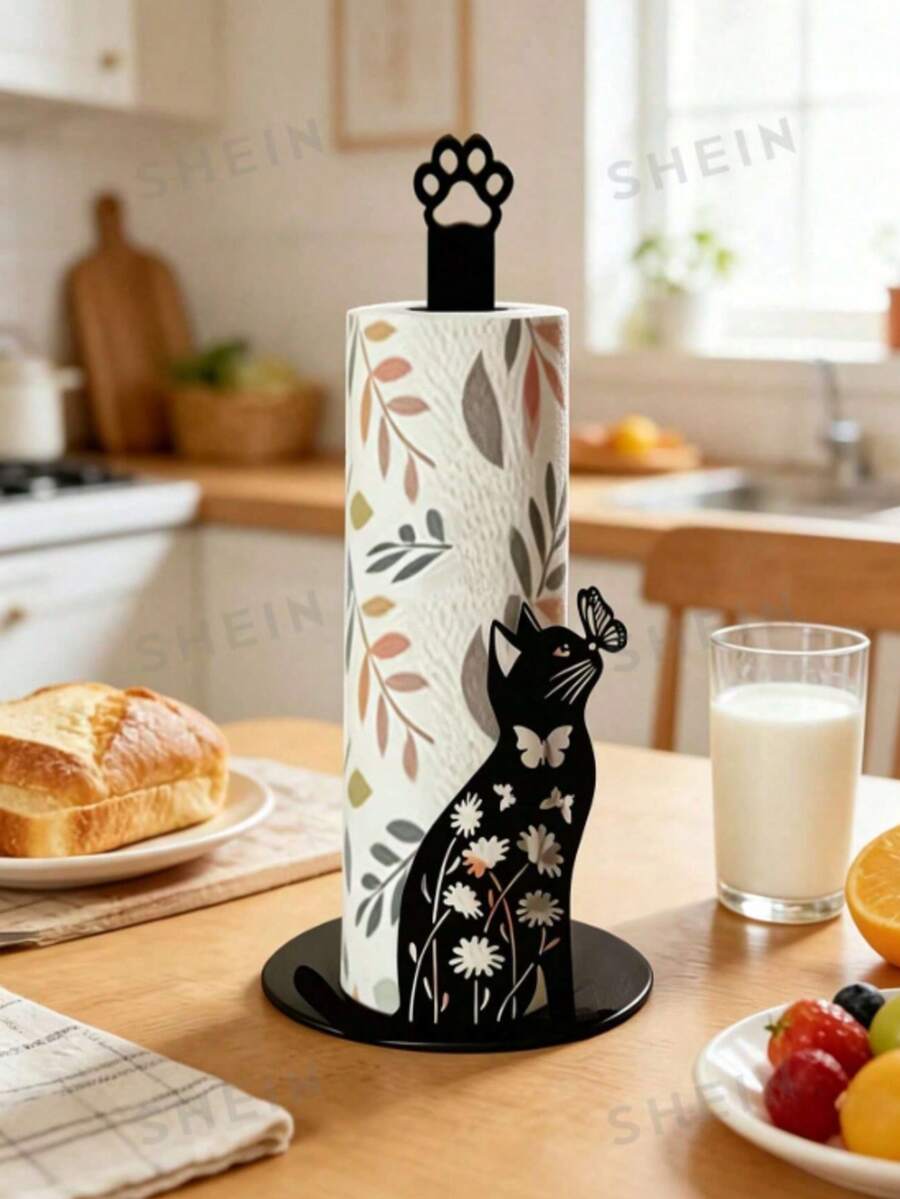Tempat Tisu Toilet Desain 2D Bentuk Kucing & Kupu-kupu, Dekorasi Kucing Hitam Lucu, Dekorasi untuk Pecinta Kucing, Gaya Rumah Pertanian Klasik, Rak Penyimpanan Tisu Toilet Vertikal untuk Meja Dapur & Kamar Mandi, Siluet Hewan Kreatif, Rak Penyimpanan Rumah Dekoratif - MultiWarna - View 1