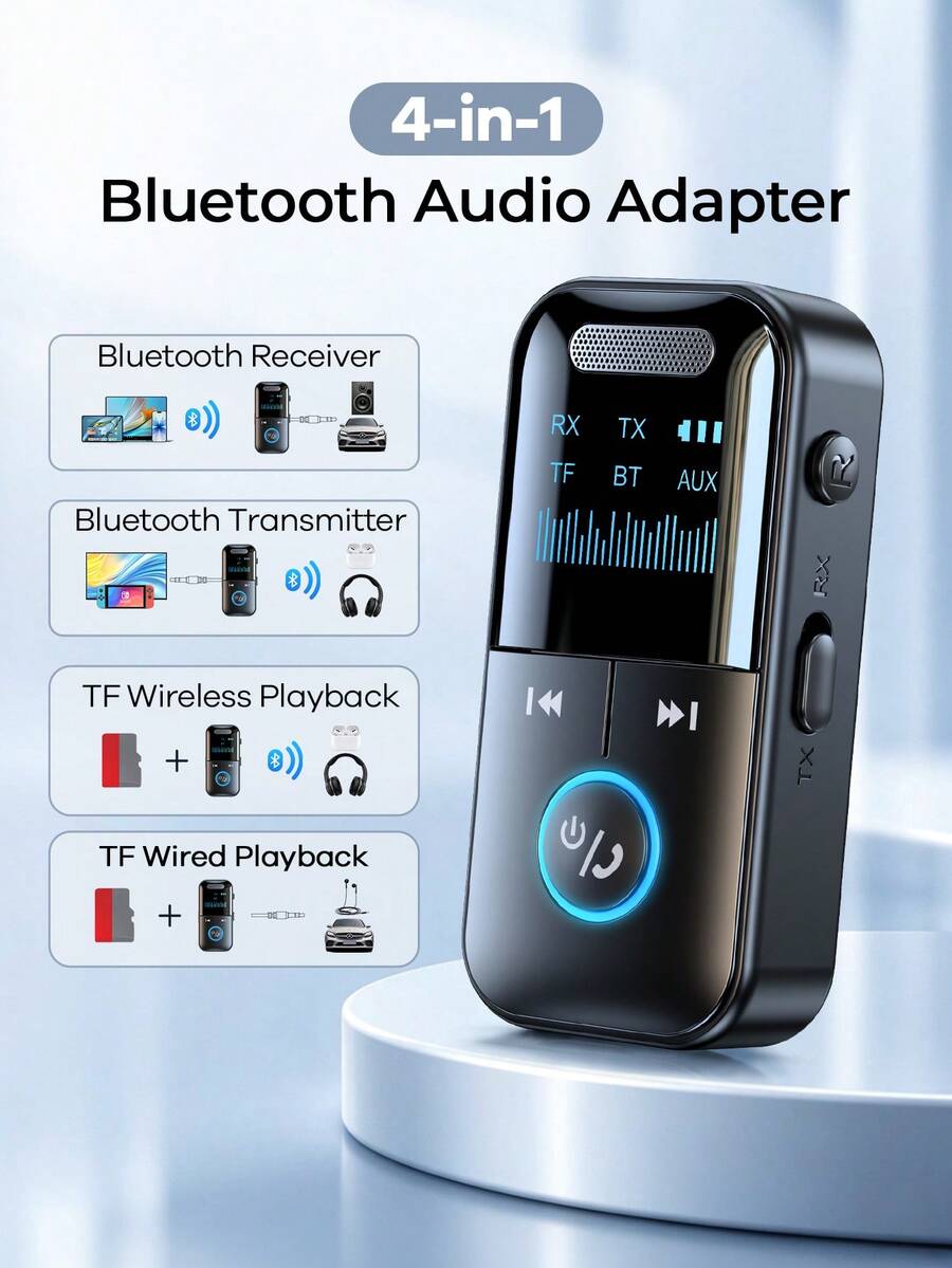 REMAX Mini 4-In-1 Bluetooth Audio Adapter, Bluetooth Receiver & Transmitter With TF Card Wireless/Wired Playback, 3.5mm AUX, Auto-Reconnect, Clear Display, Hands-Free Calls For Car, TV, PC, Headphones & Speakers,Car Accessories, Car Essentials, Car Stuff