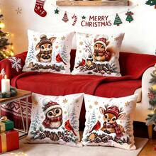 4pcs Forest Animals Christmas Pillow Covers, Rabbit Squirrel Owl Deer Cardinal Bird Print Pattern, Single-Sided Printed Pillow Covers/Cushion Covers, Multi-Scene Atmosphere Decoration Pillow Covers Suitable For Living Room Sofa Bedroom, Pillow Insert Not Included - Multicolor - View 1