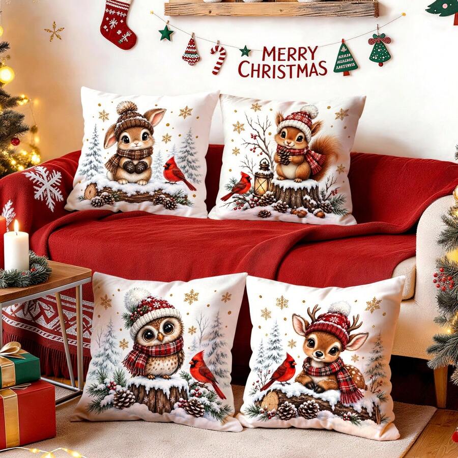 4pcs Forest Animals Christmas Pillow Covers, Rabbit Squirrel Owl Deer Cardinal Bird Print Pattern, Single-Sided Printed Pillow Covers/Cushion Covers, Multi-Scene Atmosphere Decoration Pillow Covers Suitable For Living Room Sofa Bedroom, Pillow Insert Not Included - Multicolor - View 1