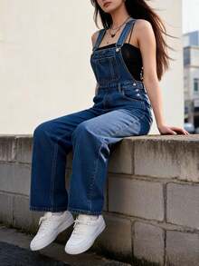 Women's Casual Denim Overalls with Pockets, Sleeveless Straps Long Jumpsuit, Cute Fall Non-Stretch Cami Style for Everyday Wear - Azul - Ver 2