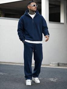 Men's 2 Pieces Set Half-Zip Hooded Sweatshirt And Straight Leg Sweatpants With Metal Drawstring, Casual Sports Outfit - Navy Blue - View 1