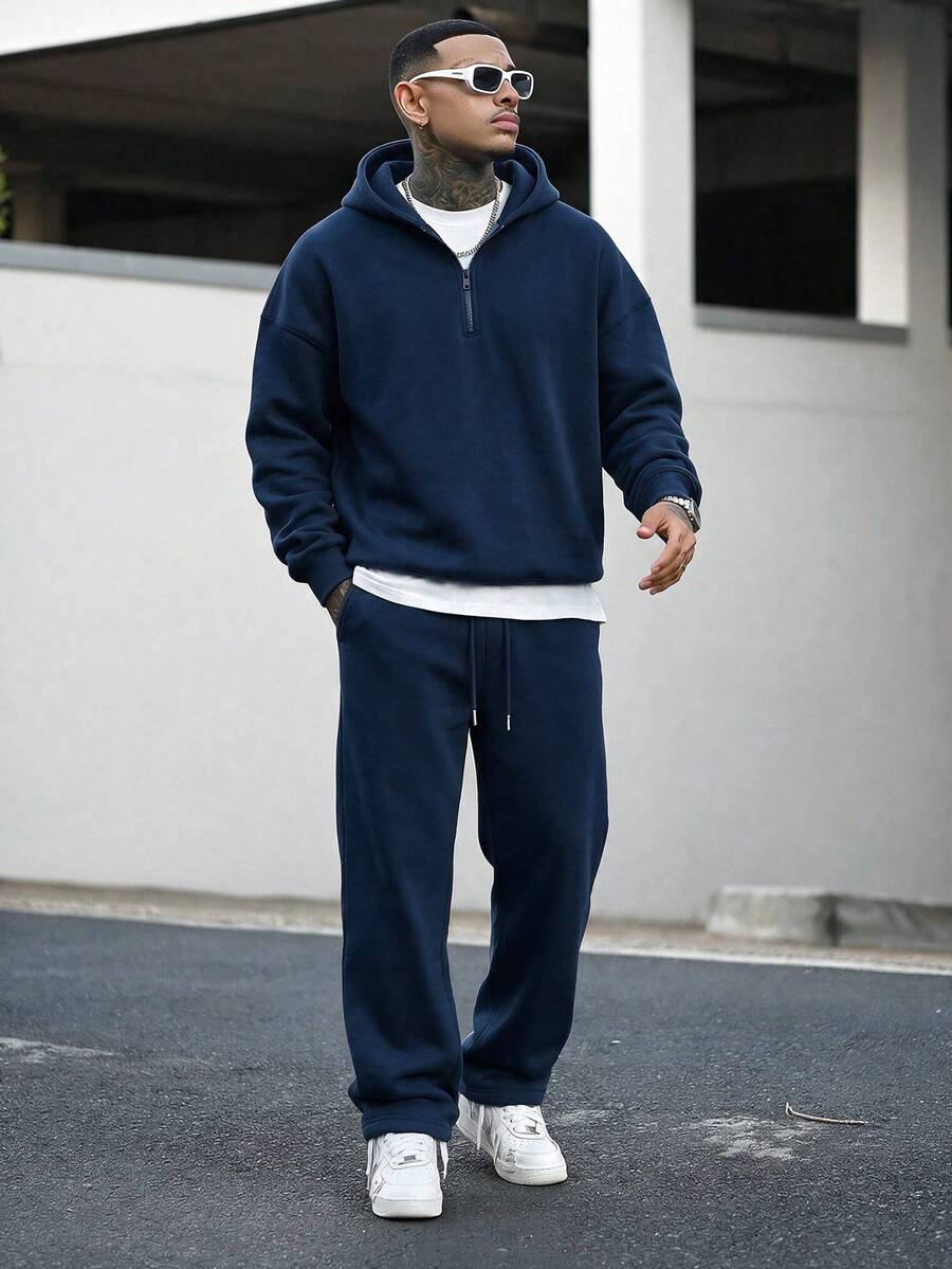 Men's 2 Pieces Set Half-Zip Hooded Sweatshirt And Straight Leg Sweatpants With Metal Drawstring, Casual Sports Outfit - Navy Blue - View 1