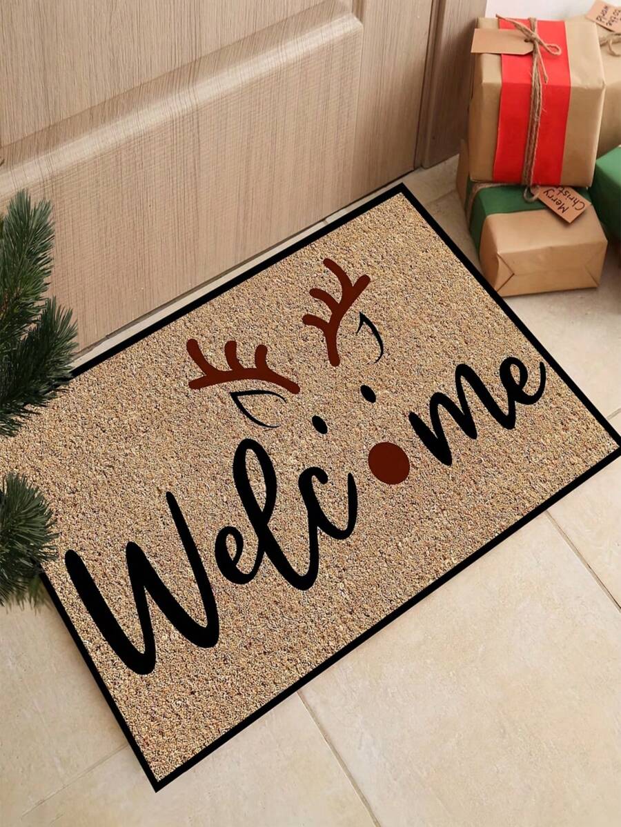 1pc Christmas Deer Welcome Door Mat, Fun Style All Season Faux Cashmere Material Entryway Rug, Machine Washable Door Mat, Suitable For Kitchen, Dining Room, Hallway, Bathroom, Bedroom, Patio Decor, Christmas Holiday Atmosphere Decoration - A - View 1