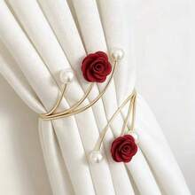 1Pc Rose Curtain Tiebacks, Decorative Metal Curtain Holdbacks With Pearl, Flexible Curtain Buckle For Window Drapery, Christmas Home Decor Gift For Bedroom Living Room - A - View 4