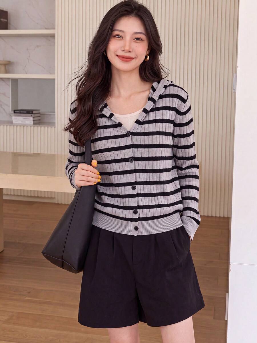 Women's Classic Striped Hooded Cardigan Sweater Jacket, Autumn/Winter - Grey - View 1