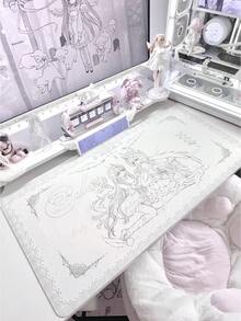 Alas Meja Kulit Besar Motif Malaikat Lucu untuk Anak Perempuan, Alas Mouse PU Berbingkai Renda Putih dengan Gambar Garis Manga, Pelindung Meja Anti Selip Tahan Air, Dekorasi Meja Estetik untuk Ruang Belajar dan Bermain Game Anak Perempuan - View 1