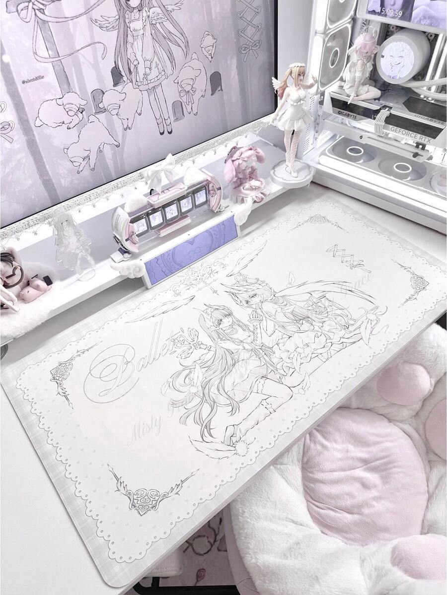 Alas Meja Kulit Besar Motif Malaikat Lucu untuk Anak Perempuan, Alas Mouse PU Berbingkai Renda Putih dengan Gambar Garis Manga, Pelindung Meja Anti Selip Tahan Air, Dekorasi Meja Estetik untuk Ruang Belajar dan Bermain Game Anak Perempuan - View 1
