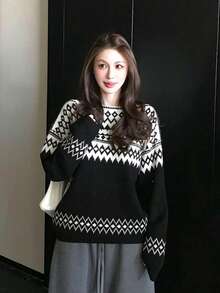 Soft Gauze Old Money Colorblock Jacquard Knit Sweater Random Cut - Black - View 4