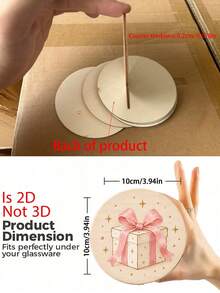 1/4/8pcs 2027 New Year Wooden Coasters Set, Pink Bow Fireworks Cake Gift Box Design Drink Coasters, Cute Holiday Table Decor, Round Coffee Cup Mats For Kitchen Dining Room Party Home Decoration Gift - Multicolor - View 5