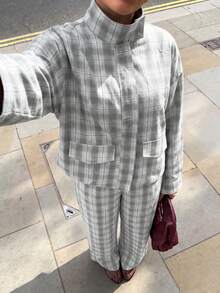 Women's Elegant Casual Plaid 2 Pieces Set, Stand Collar Top With Wide Leg Pants, Autumn Daily Outfit Choice - Grey - View 6