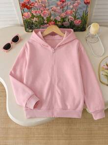 1pc Tween Girl Tween Girl Autumn/Winter Solid Color Zip-Up Hooded Sweatshirt Jacket, Loose Cute Sweet Casual Versatile Outerwear Top - Pink - View 1