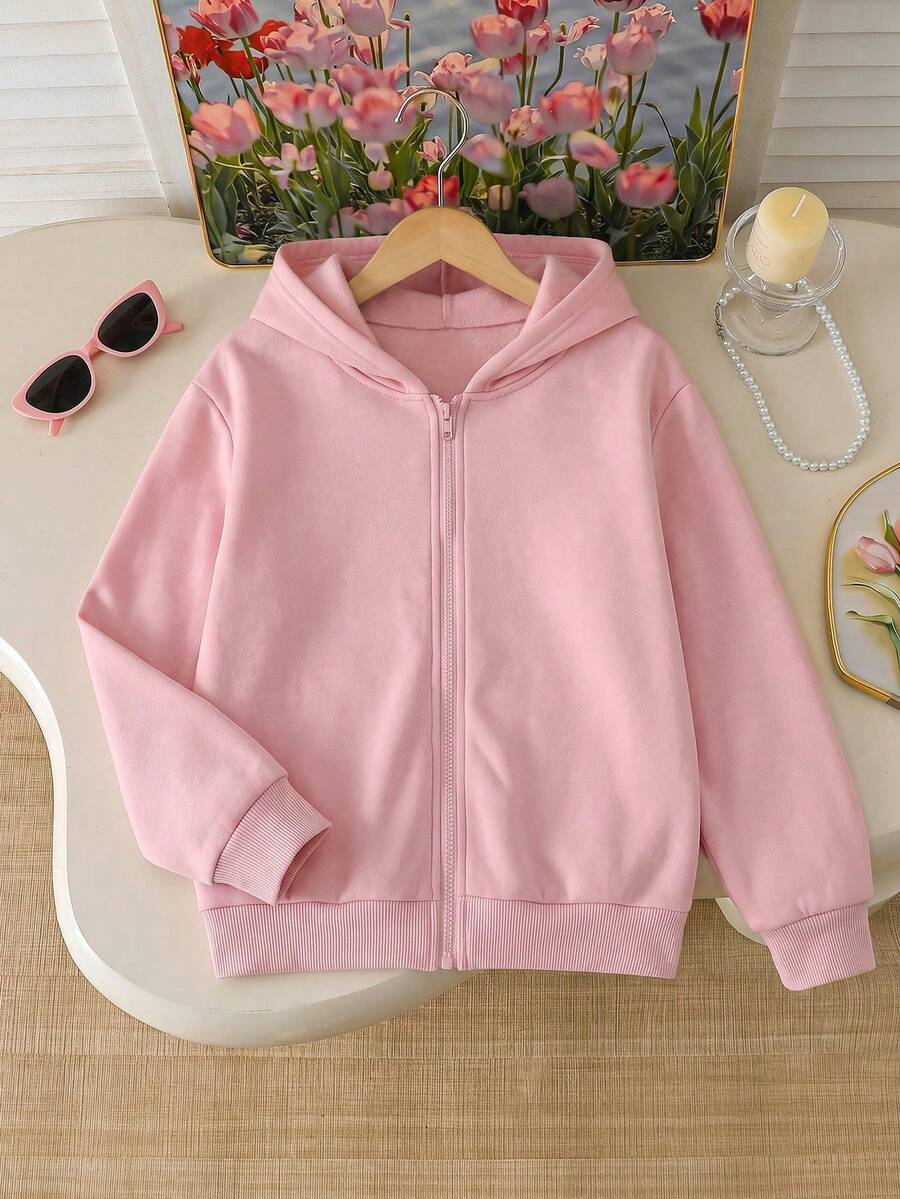1pc Tween Girl Tween Girl Autumn/Winter Solid Color Zip-Up Hooded Sweatshirt Jacket, Loose Cute Sweet Casual Versatile Outerwear Top - Pink - View 1