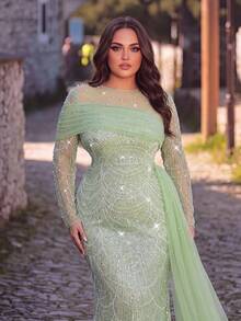 فستان سهرة بحرية لامع مرصع بالخرز مقاس كبير، أكمام شفافة، تطريز خرز يشبه الحراشف، ذيل تول منساب، مناسب لحفلات السهرة وفعاليات السجادة الحمراء - أخضر - مشاهدة 8