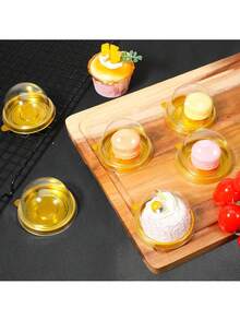 50pcs Transparent Plastic Mini Cake Boxes With Lids, Round Cupcake Holders, Egg Yolk Pastry Containers, Mooncake Dome Boxes, Baking Packaging Boxes, Kitchen Baking Tools - Gold - View 8