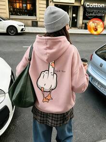 Autumn/Winter Women's Fleece Hoodie With Cartoon Duck Graphic And "Duck You" Print On Back, Y2K Style - Sand Red - View 1