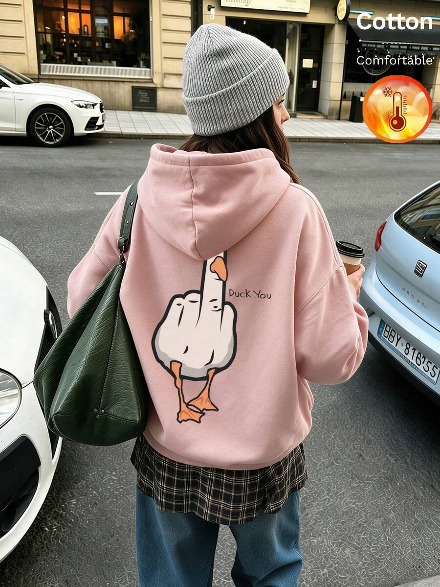 Autumn/Winter Women's Fleece Hoodie With Cartoon Duck Graphic And "Duck You" Print On Back, Y2K Style - Sand Red - View 1