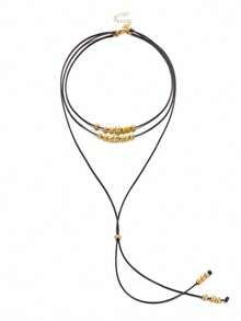 1pc Vintage Black Leather Cord Necklace, Bohemian Style Long Tassel Pendant Neck Chain, Adjustable Drawstring Design, Autumn/Winter Layering Accessory, Casual Vacation Outfit Jewelry - Gold - View 4