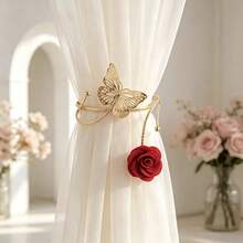 1Pc Rose Curtain Tiebacks, Decorative Metal Curtain Holdbacks With Pearl, Flexible Curtain Buckle For Window Drapery, Christmas Home Decor Gift For Bedroom Living Room - A - View 1