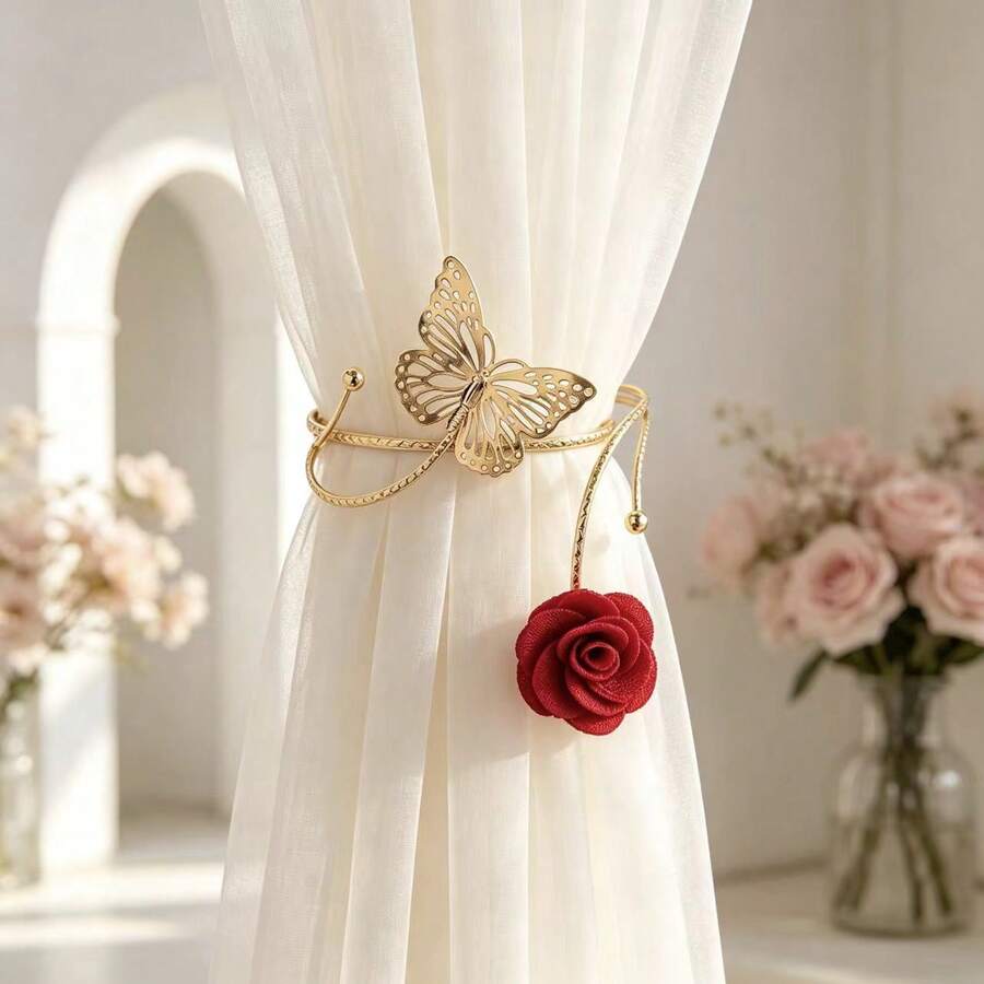 1Pc Rose Curtain Tiebacks, Decorative Metal Curtain Holdbacks With Pearl, Flexible Curtain Buckle For Window Drapery, Christmas Home Decor Gift For Bedroom Living Room - A - View 1