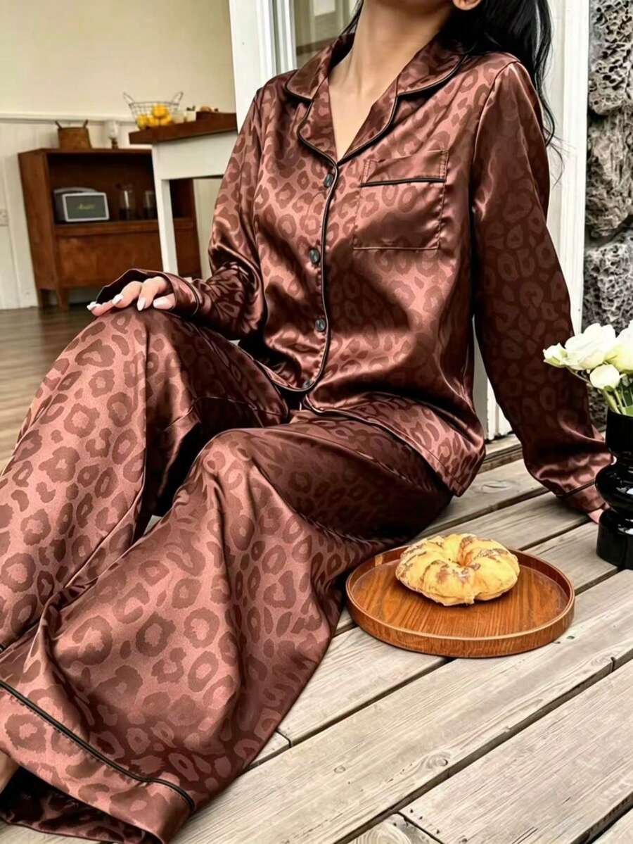 Brown Leopard Print Jacquard Women's Long Sleeve Long Pants Pajama Set - Brown - View 1
