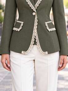 Women's Olive Green Lace Trim Blazer, Single Button Lapel Long Sleeve Back Waist Tie Slim Fit, Autumn Commute & Date Outfit - Dark Green - View 6